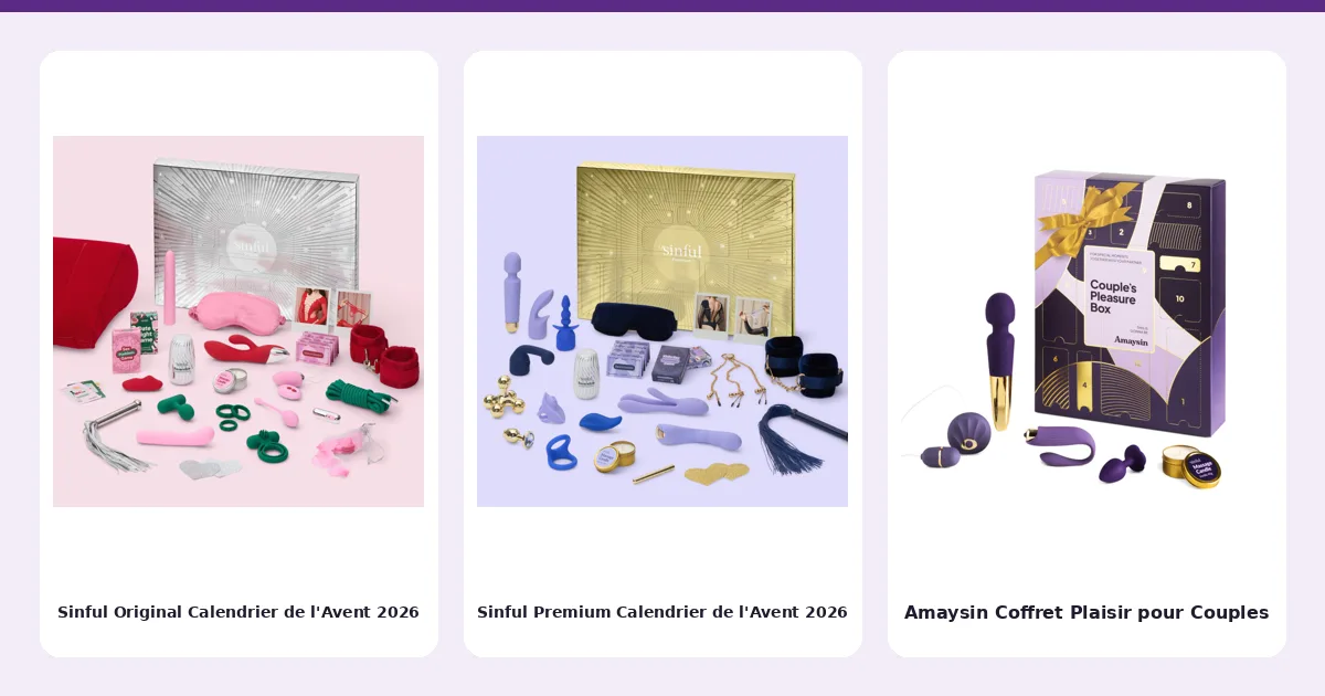 Trois calendriers de l'avent coquins du classement côte à côte : Sinful Original Calendrier de l'Avent 2026, Sinful Premium Calendrier de l'Avent 2026 et Amaysin Coffret Plaisir pour Couples